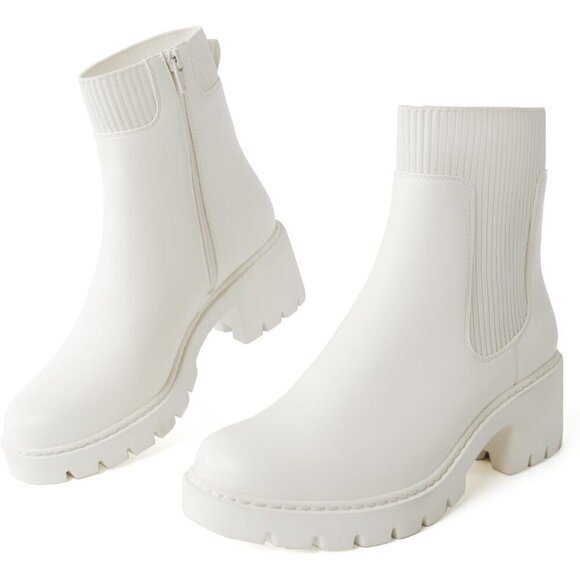 Women's Chelsea Boots Platform Elastic Zip White Faux Leather Lug Sole Bootie - Picture 1 of 6